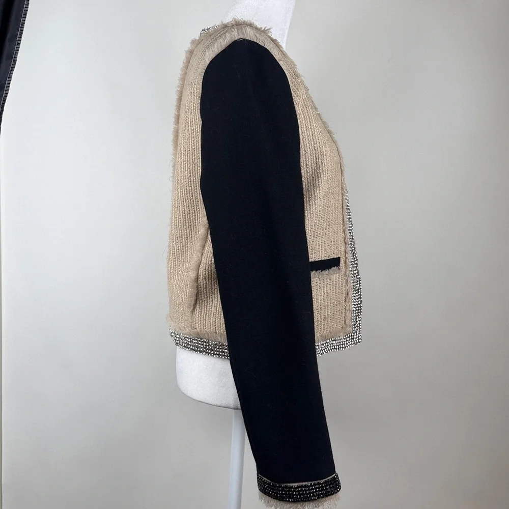 Tory Burch Sairy Bling Wool Tweed Jacket Black Tan Rhinestones Crystals Size 8